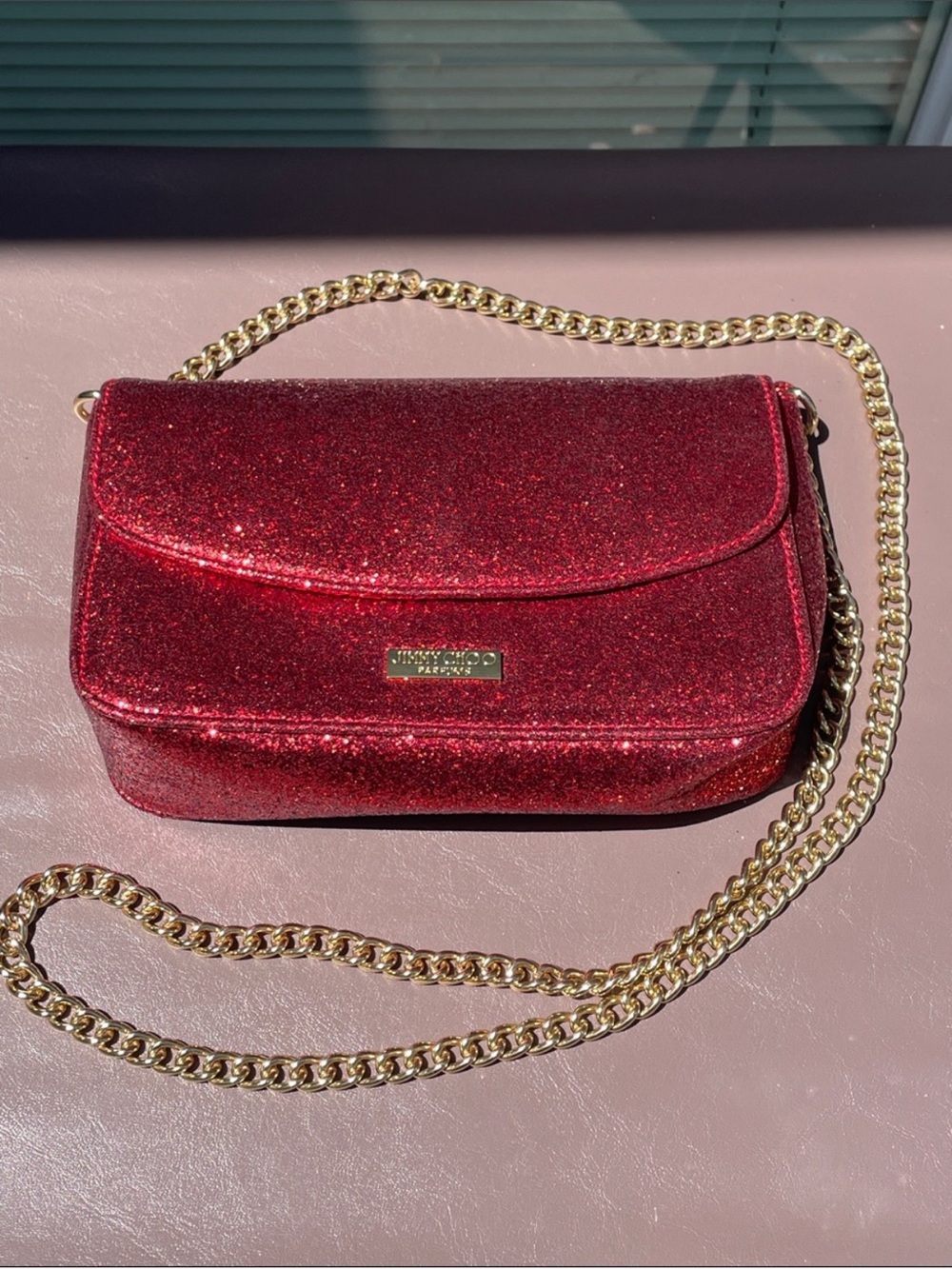 Jimmy Choo Red Glitter Crossbody with Gold Chain